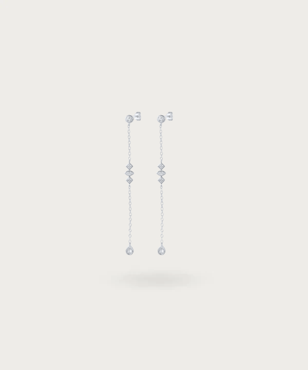 Pendientes largos de plata con cadena de circonitas y circonita redonda colgante