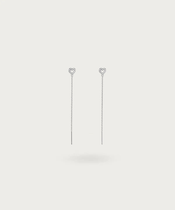 Pendientes de plata con cadena y corazón de circonitas