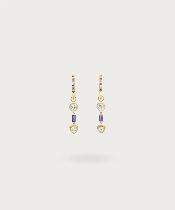 Pendientes de aro de plata con circonitas violetas y blancas