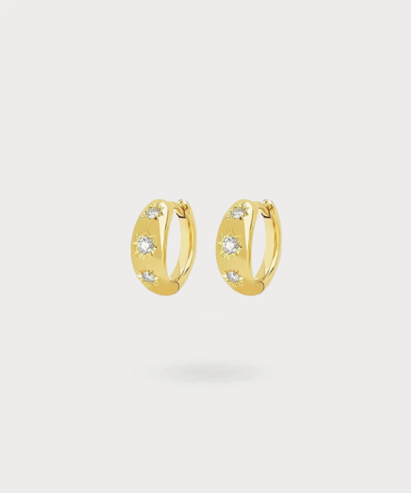 "Detalle de los pendientes Laia con acabado en baño de oro de 18k, reflejando la luz"