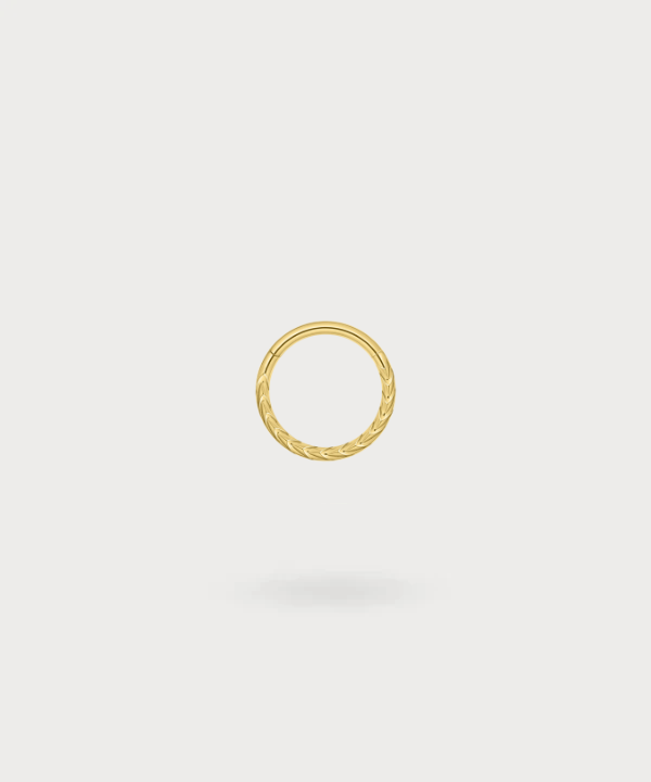 "Snug Piercing de Aro Trenzado Francisca en titanio, con acabado dorado, combinando texturas lisas y trenzadas para un diseño único."
