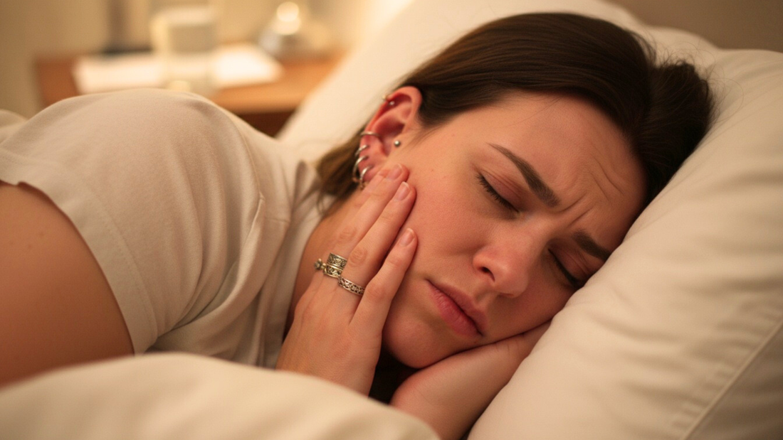 Mujer intentando dormir con piercings en las orejas