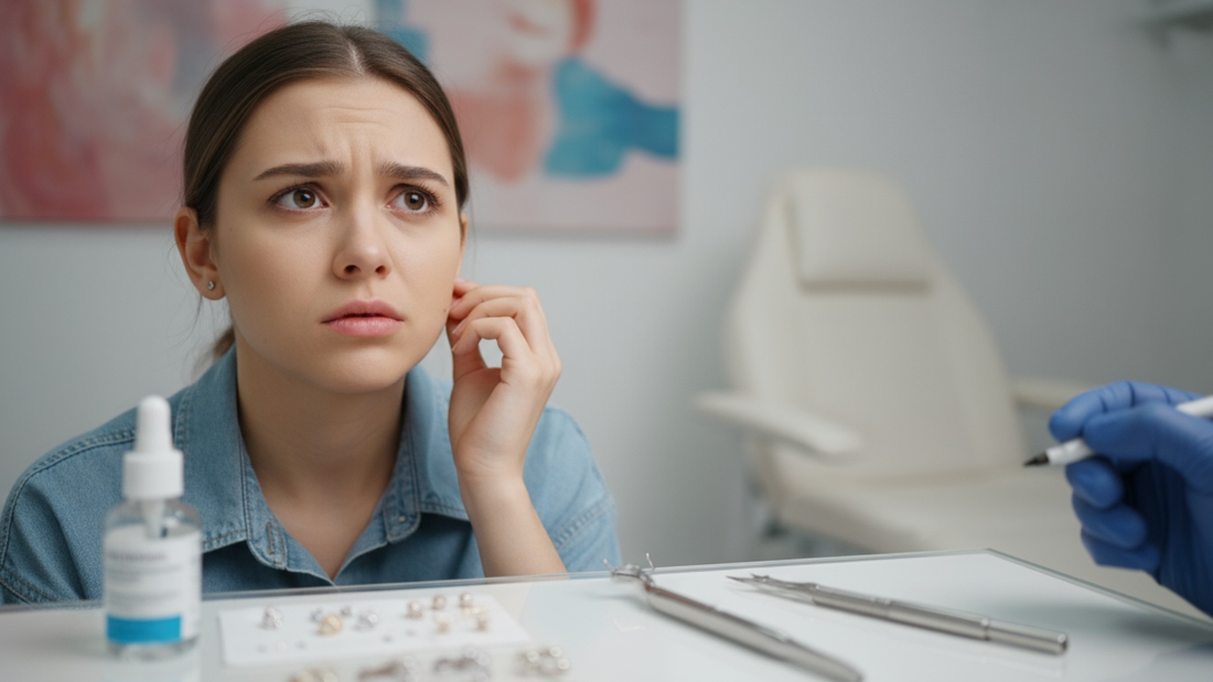 Mujer con miedo antes de hacerse un piercing en la oreja.