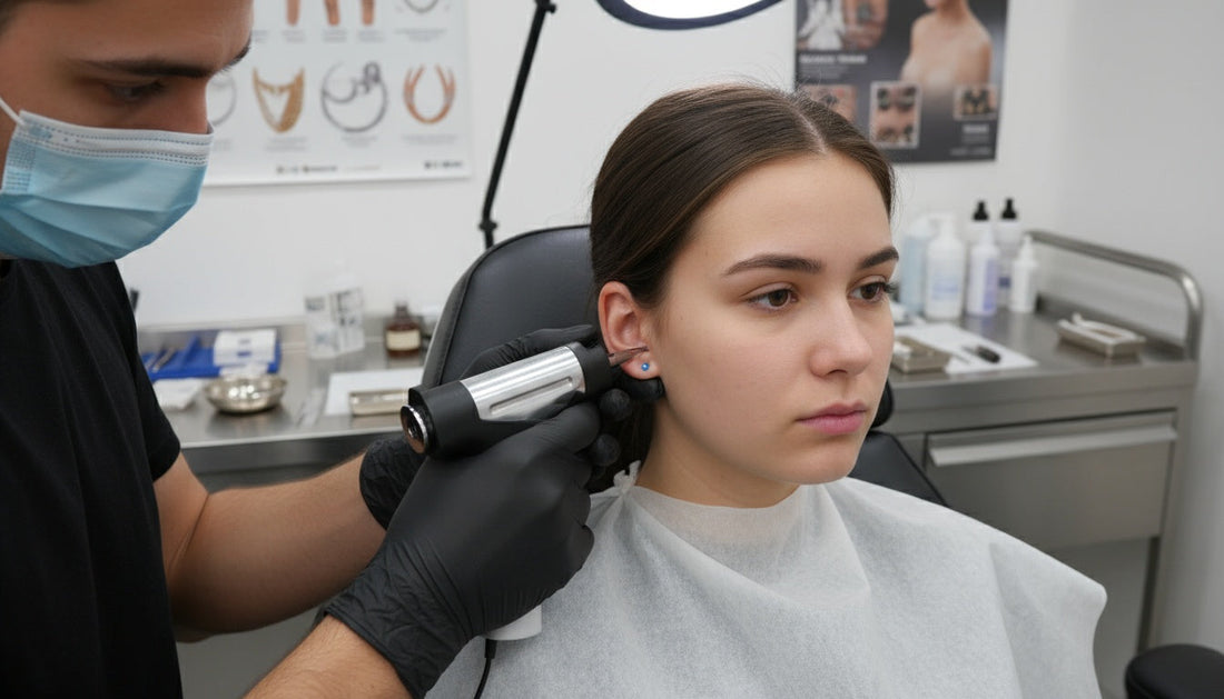 Una mujer se hace perforar la oreja con una pistola para pendientes.