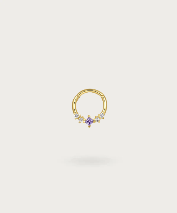 Piercing para oreja con anillo de circonitas blancas y violetas