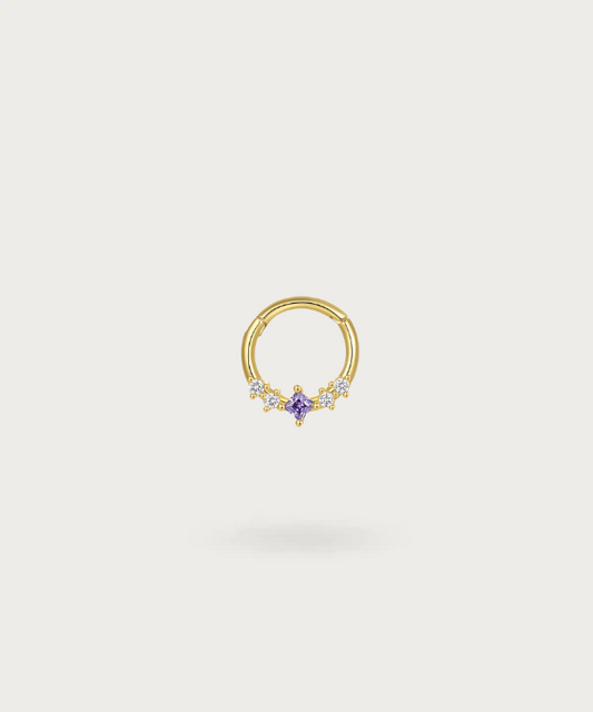 Piercing para oreja con anillo de circonitas blancas y violetas